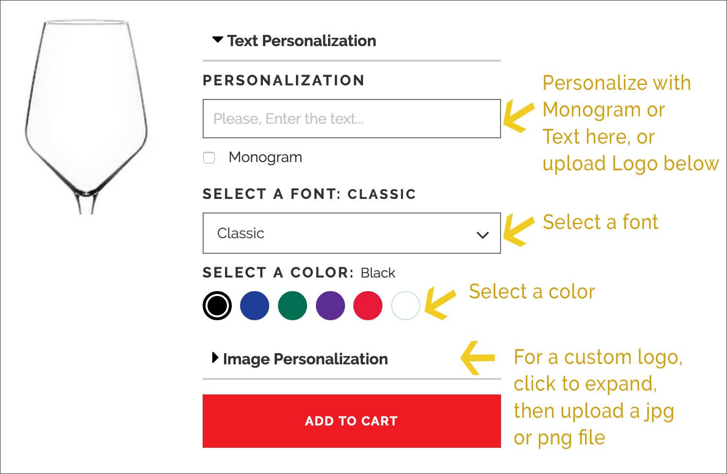 Guide to personalizing items in the imprint popup.